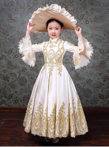 Gorgeous Patterns Apcicot Glossy Satin Elegant Child European Classic Lolita Long Dress Big Ruffles Hat Set