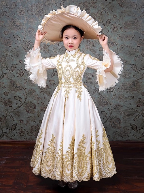 Gorgeous Patterns Apcicot Glossy Satin Elegant Child European Classic Lolita Long Dress Big Ruffles Hat Set