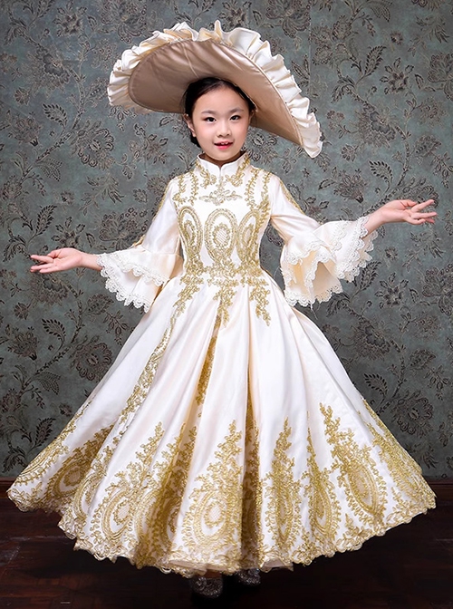 Gorgeous Patterns Apcicot Glossy Satin Elegant Child European Classic Lolita Long Dress Big Ruffles Hat Set