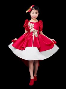 Retro Red Simple Elegant Sweet 3D Rose Play Costumes Child Classic Lolita Dress Small Hat Set