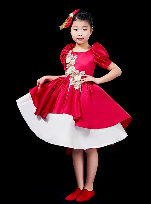 Retro Red Simple Elegant Sweet 3D Rose Play Costumes Child Classic Lolita Dress Small Hat Set