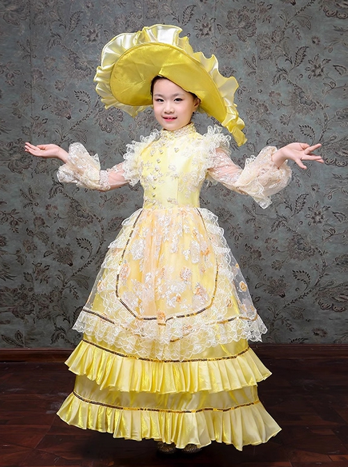 Bright European Ethnic Style Gorgeous Lace Children Performance Costumes Classic Lolita Dress