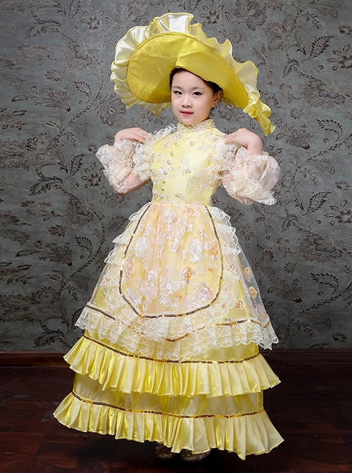 Bright European Ethnic Style Gorgeous Lace Children Performance Costumes Classic Lolita Dress