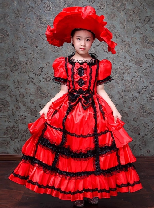 Red Gorgeous European Royal Court Style Lace Bowknot Children Stage Costumes Classic Lolita Girl Long Dress