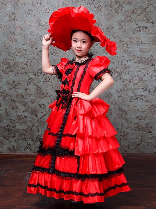 Red Gorgeous European Royal Court Style Lace Bowknot Children Stage Costumes Classic Lolita Girl Long Dress