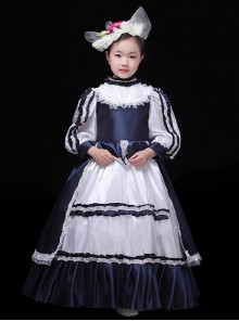 Exquisite European Style Glossy Satin Lace Hat Bowknot Children Catwalk Party Costumes Classic Lolita Girl Long Dress