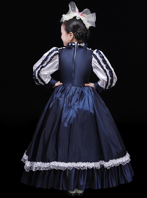 Exquisite European Style Glossy Satin Lace Hat Bowknot Children Catwalk Party Costumes Classic Lolita Girl Long Dress