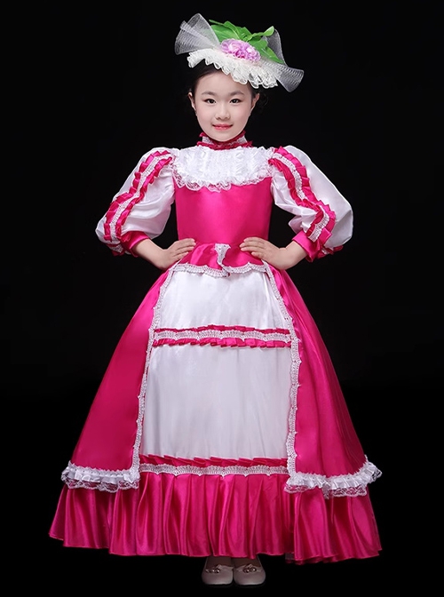 Exquisite European Style Glossy Satin Lace Hat Bowknot Children Catwalk Party Costumes Classic Lolita Girl Long Dress