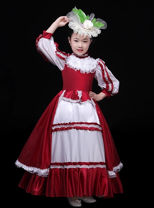 Exquisite European Style Glossy Satin Lace Hat Bowknot Children Catwalk Party Costumes Classic Lolita Girl Long Dress