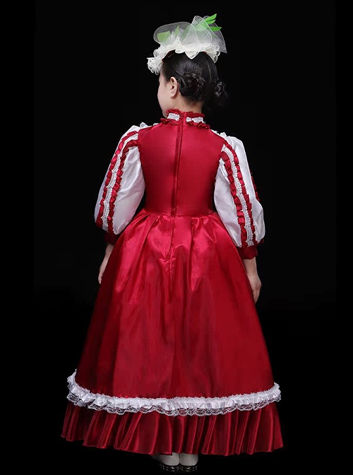 Exquisite European Style Glossy Satin Lace Hat Bowknot Children Catwalk Party Costumes Classic Lolita Girl Long Dress