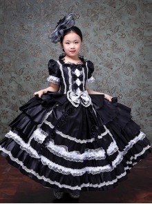 European Style Princess Black White Satin Lace Bowknot Hat Children Catwalk Party Costumes Sweet Lolita Long Dress