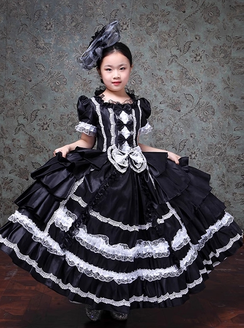 European Style Princess Black White Satin Lace Bowknot Hat Children Catwalk Party Costumes Sweet Lolita Long Dress