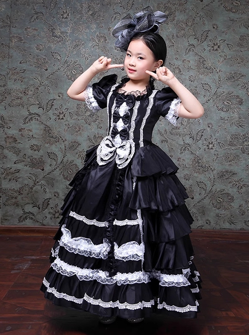 European Style Princess Black White Satin Lace Bowknot Hat Children Catwalk Party Costumes Sweet Lolita Long Dress