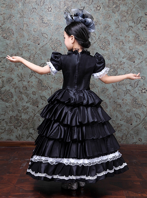 European Style Princess Black White Satin Lace Bowknot Hat Children Catwalk Party Costumes Sweet Lolita Long Dress