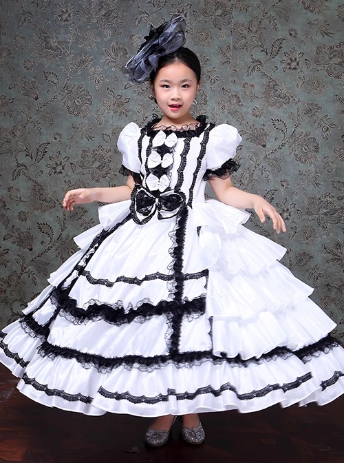 European Style Princess Black White Satin Lace Bowknot Hat Children Catwalk Party Costumes Sweet Lolita Long Dress