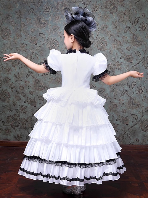 European Style Princess Black White Satin Lace Bowknot Hat Children Catwalk Party Costumes Sweet Lolita Long Dress