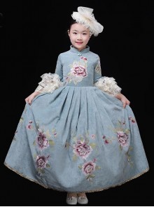 Retro Elegant Flower Low Saturation Lake Blue Lace Hat Children Palace Style Party Costumes Classic Lolita Long Dress