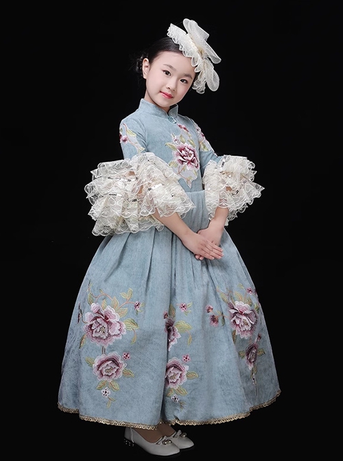 Retro Elegant Flower Low Saturation Lake Blue Lace Hat Children Palace Style Party Costumes Classic Lolita Long Dress