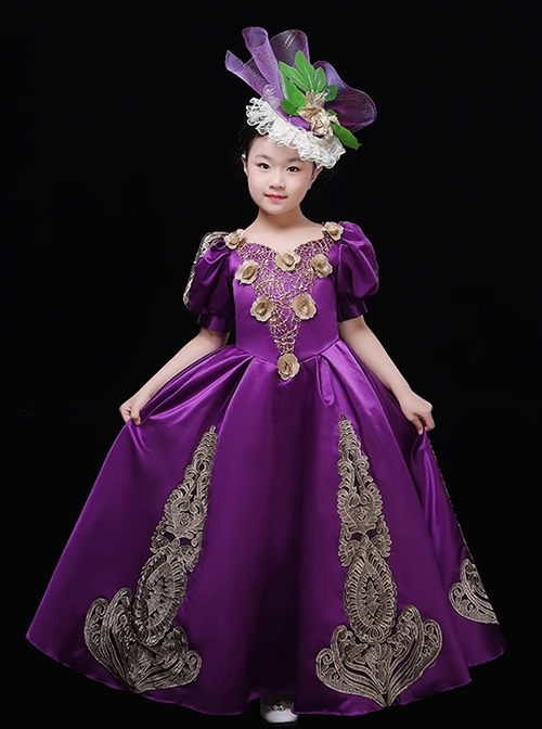 Retro European Palace Elegant Lady Children Palace Style Party Costumes Classic Lolita Long Dress Bonzer Lace Hat Set