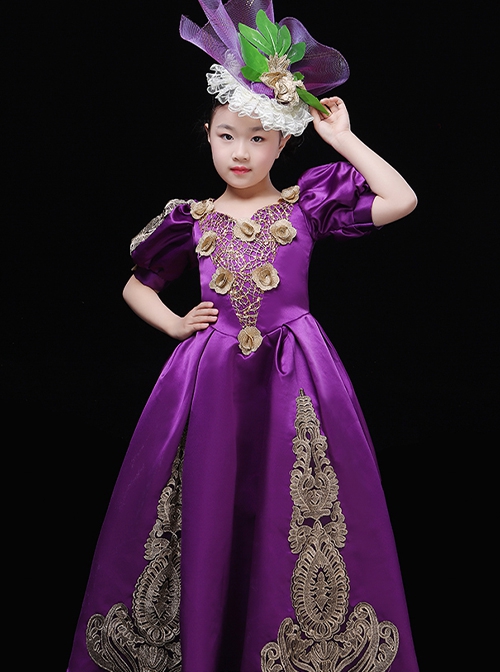 Retro European Palace Elegant Lady Children Palace Style Party Costumes Classic Lolita Long Dress Bonzer Lace Hat Set