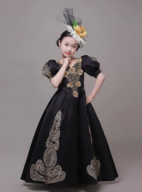 Retro European Palace Elegant Lady Children Palace Style Party Costumes Classic Lolita Long Dress Bonzer Lace Hat Set