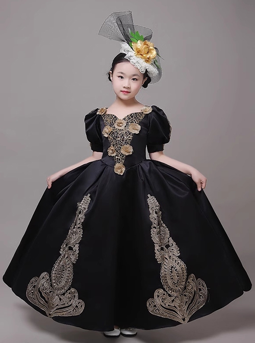 Retro European Palace Elegant Lady Children Palace Style Party Costumes Classic Lolita Long Dress Bonzer Lace Hat Set