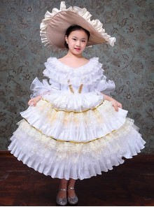 Children Palace Style Apricot Princess Ball Party Costumes Classic Lolita Long Cake Dress Big Hat Set