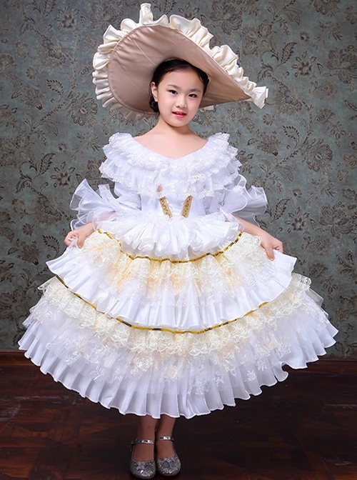 Children Palace Style Apricot Princess Ball Party Costumes Classic Lolita Long Cake Dress Big Hat Set