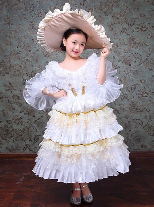 Children Palace Style Apricot Princess Ball Party Costumes Classic Lolita Long Cake Dress Big Hat Set