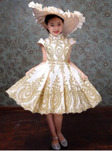 Champagne Elegant Royal Court Lady Party Costumes Classic Lolita Child Girl Dress Big Ruffles Hat Set