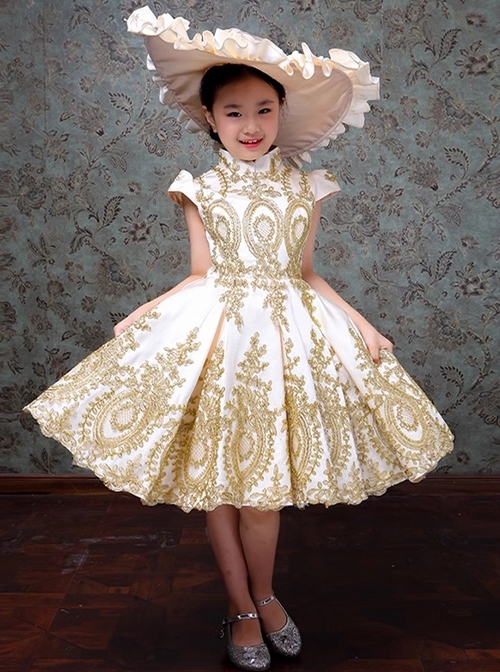 Champagne Elegant Royal Court Lady Party Costumes Classic Lolita Child Girl Dress Big Ruffles Hat Set