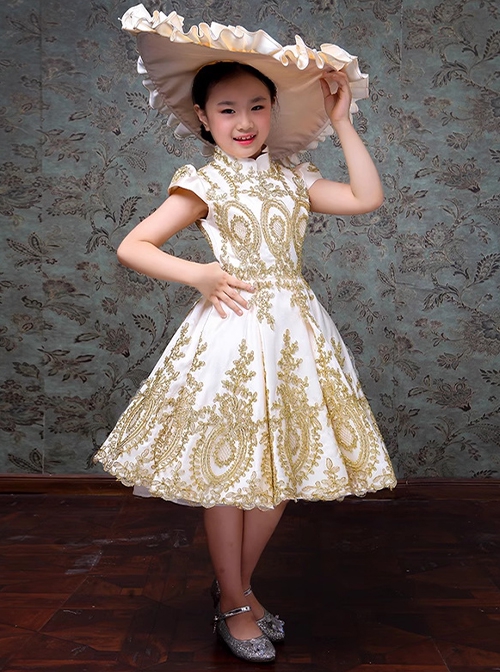 Champagne Elegant Royal Court Lady Party Costumes Classic Lolita Child Girl Dress Big Ruffles Hat Set