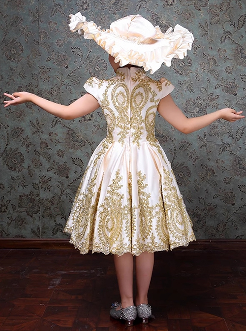 Champagne Elegant Royal Court Lady Party Costumes Classic Lolita Child Girl Dress Big Ruffles Hat Set