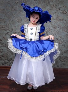 Retro European Palace High Saturation Satin Lady Party Costumes Classic Lolita Child Dress Big Ruffles Hat Set