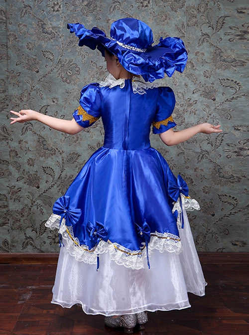 Retro European Palace High Saturation Satin Lady Party Costumes Classic Lolita Child Dress Big Ruffles Hat Set