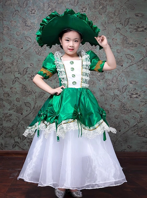 Retro European Palace High Saturation Satin Lady Party Costumes Classic Lolita Child Dress Big Ruffles Hat Set