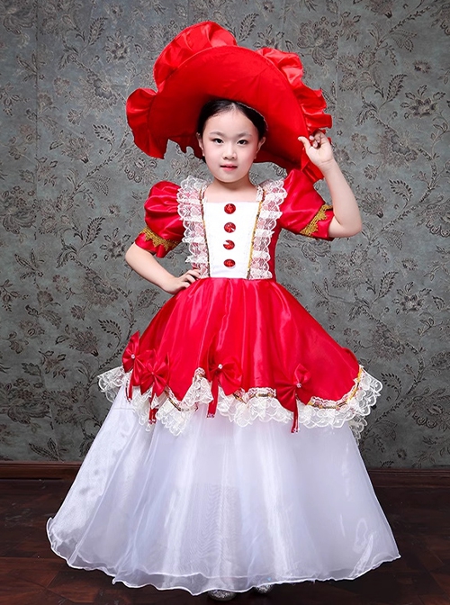 Retro European Palace High Saturation Satin Lady Party Costumes Classic Lolita Child Dress Big Ruffles Hat Set