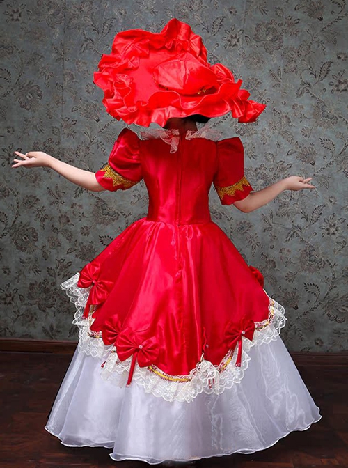 Retro European Palace High Saturation Satin Lady Party Costumes Classic Lolita Child Dress Big Ruffles Hat Set