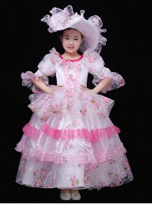 Palace Dreamy Pink Mesh Yarn Princess Girly Heart Party Costumes Sweet Lolita Child Girl Puff Sleeves Dress Big Hat Set