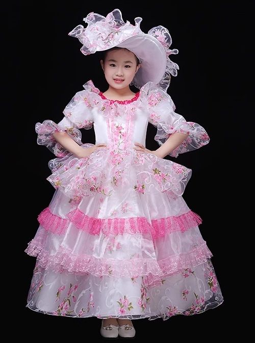 Palace Dreamy Pink Mesh Yarn Princess Girly Heart Party Costumes Sweet Lolita Child Girl Puff Sleeves Dress Big Hat Set