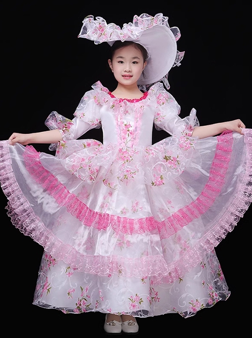 Palace Dreamy Pink Mesh Yarn Princess Girly Heart Party Costumes Sweet Lolita Child Girl Puff Sleeves Dress Big Hat Set