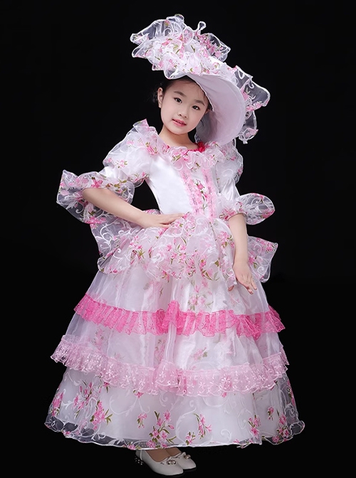 Palace Dreamy Pink Mesh Yarn Princess Girly Heart Party Costumes Sweet Lolita Child Girl Puff Sleeves Dress Big Hat Set