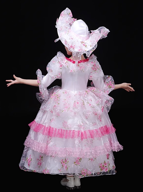 Palace Dreamy Pink Mesh Yarn Princess Girly Heart Party Costumes Sweet Lolita Child Girl Puff Sleeves Dress Big Hat Set