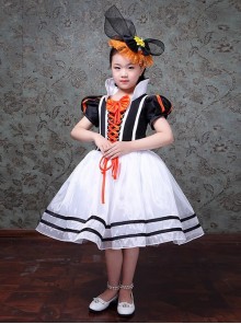 Retro Cute Funny Royal Pixie Party Costumes Tie Bowknot Sweet Lolita Child Girl Stripe Puff Sleeves Dress Hat Set