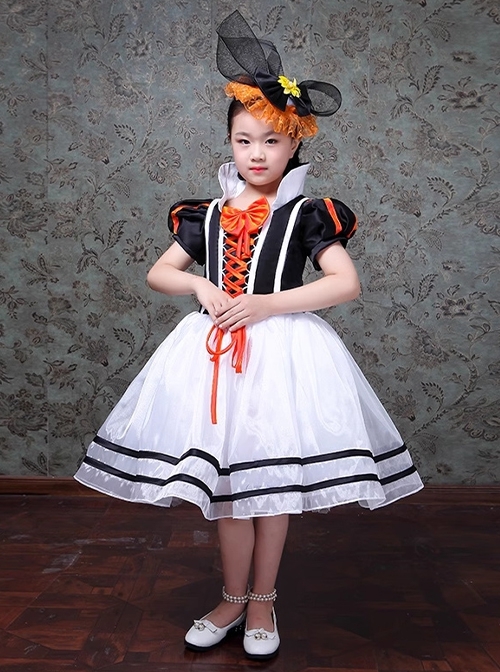 Retro Cute Funny Royal Pixie Party Costumes Tie Bowknot Sweet Lolita Child Girl Stripe Puff Sleeves Dress Hat Set