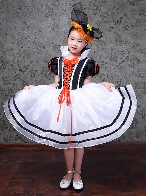 Retro Cute Funny Royal Pixie Party Costumes Tie Bowknot Sweet Lolita Child Girl Stripe Puff Sleeves Dress Hat Set