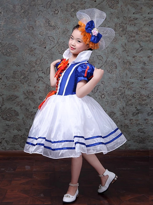 Retro Cute Funny Royal Pixie Party Costumes Tie Bowknot Sweet Lolita Child Girl Stripe Puff Sleeves Dress Hat Set