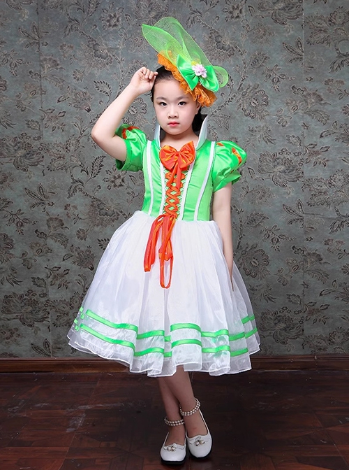 Retro Cute Funny Royal Pixie Party Costumes Tie Bowknot Sweet Lolita Child Girl Stripe Puff Sleeves Dress Hat Set