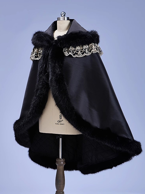 Black Plush Elegant Noble Court Versatile Fur Edge Warm Child Gothic Lolita Girl Fall Winter Thicken Cape