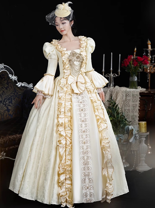 Victorian Retro Champagne Color Square Collar Ruffles Classic Lolita Prom Puff Sleeves Dresses